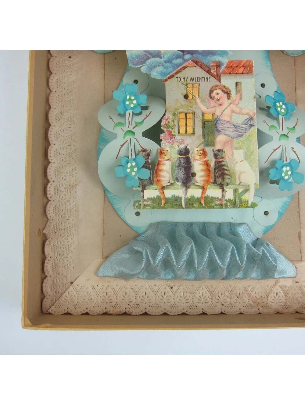 Antique Valentine 3D Cupid Cats Butterfly Moon Blue Fabric Large Store Box RARE